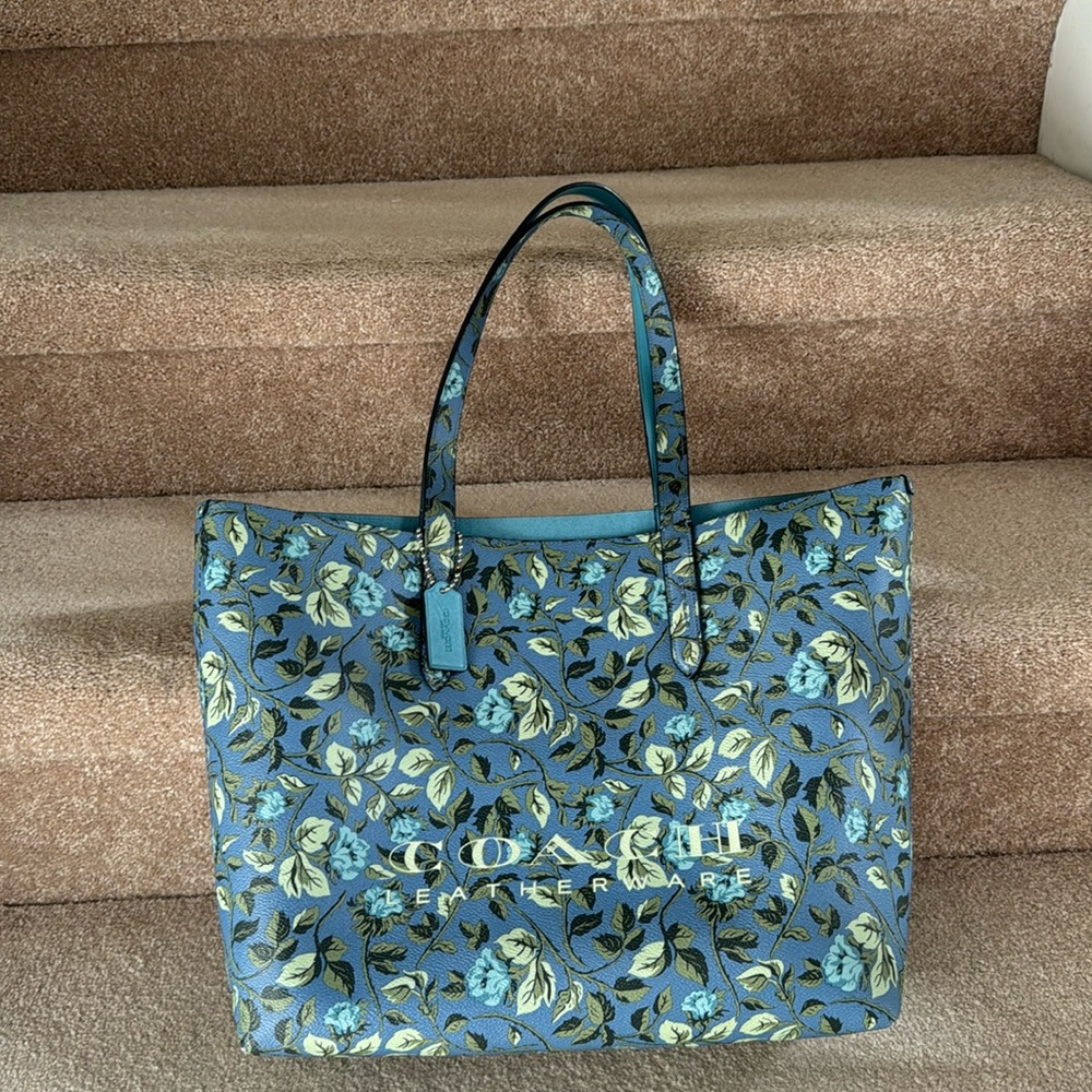 NWOT COACH blue floral leather tote